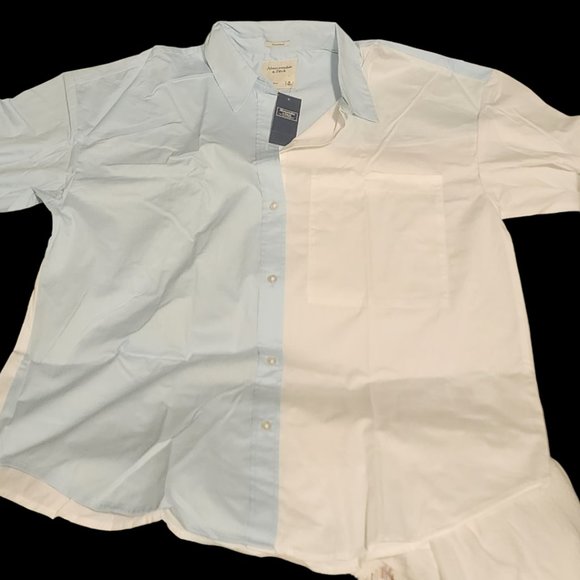 Abercrombie & Fitch Tops - A&F Oversized Poplin Colorblock Button-Up Shirt - Casual Elegance in Every Stitc